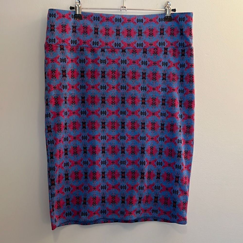 LulaRoe Cassie Women's Blue Pink Geometric Boho Pencil Skirt Large